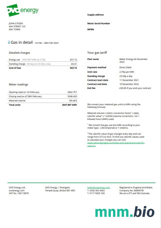 United Kingdom Ovo Energy rachunek za media, Word i PDF template